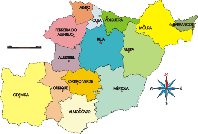 Mapa administrativo do distrito de Beja - Administrative map of the Beja district