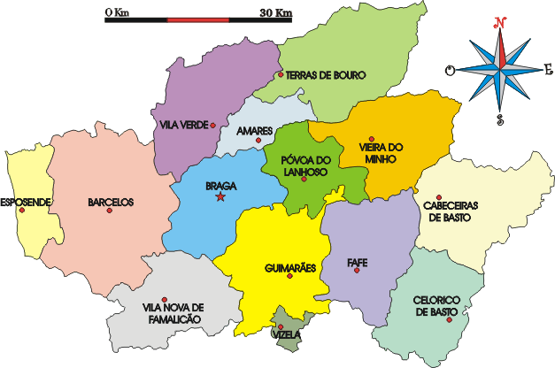 Mapa administrativo do distrito de Braga - Administrative map of the Braga district