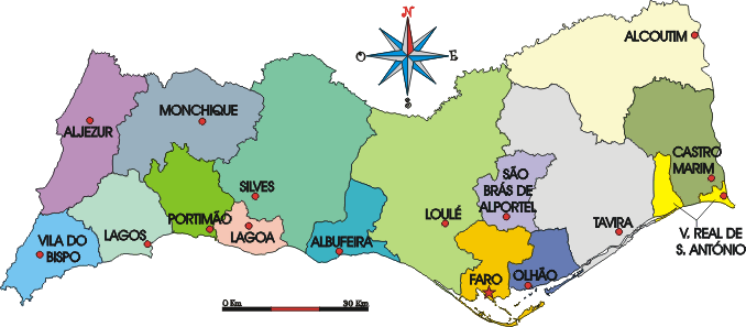 Mapa administrativo do distrito de Faro - Administrative map of the Faro District