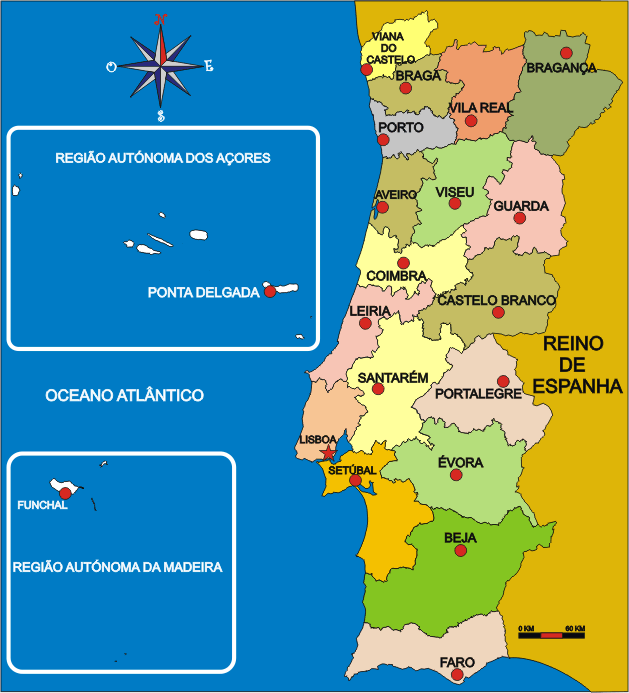 Mapa administrativo de Portugal - Portuguese administritive disions map
